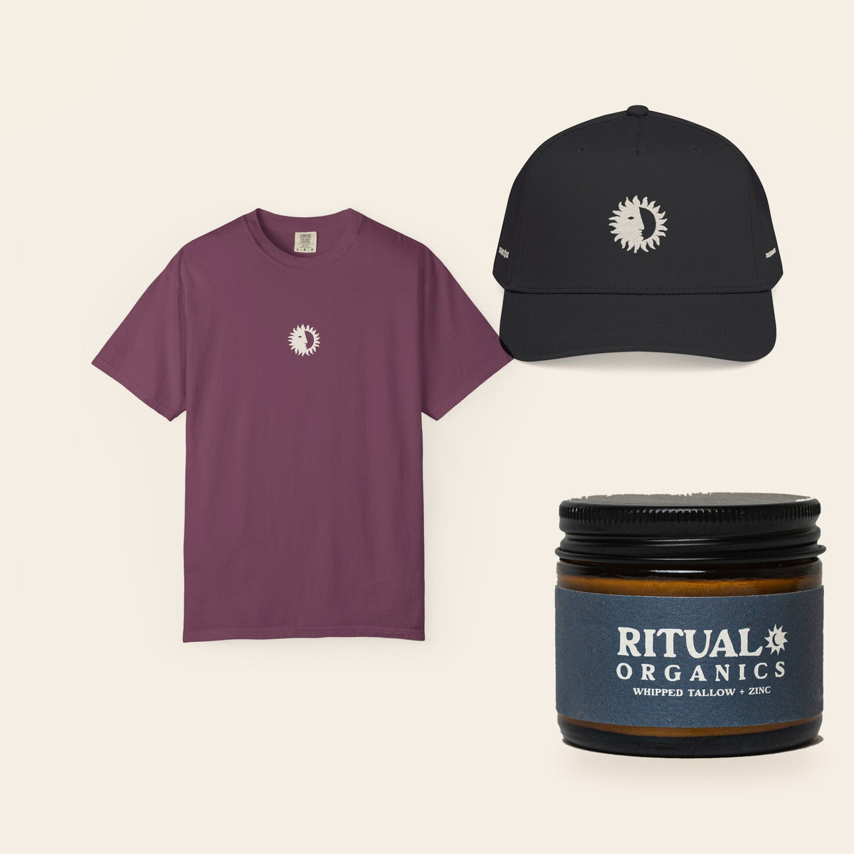 The Full Ritual: Eclipse Tee in Berry, the All Black Shine On Cap, and Whipped Tallow Sun Balm