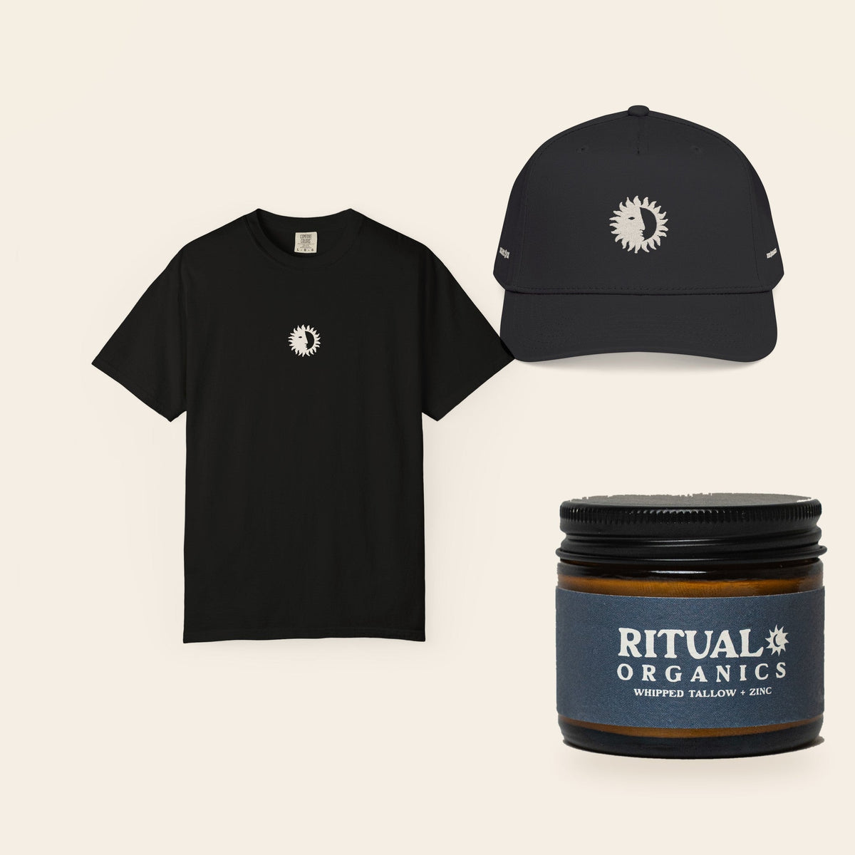 The Full Ritual: Eclipse Tee in Black, the All Black Shine On Cap, and Whipped Tallow Sun Balm