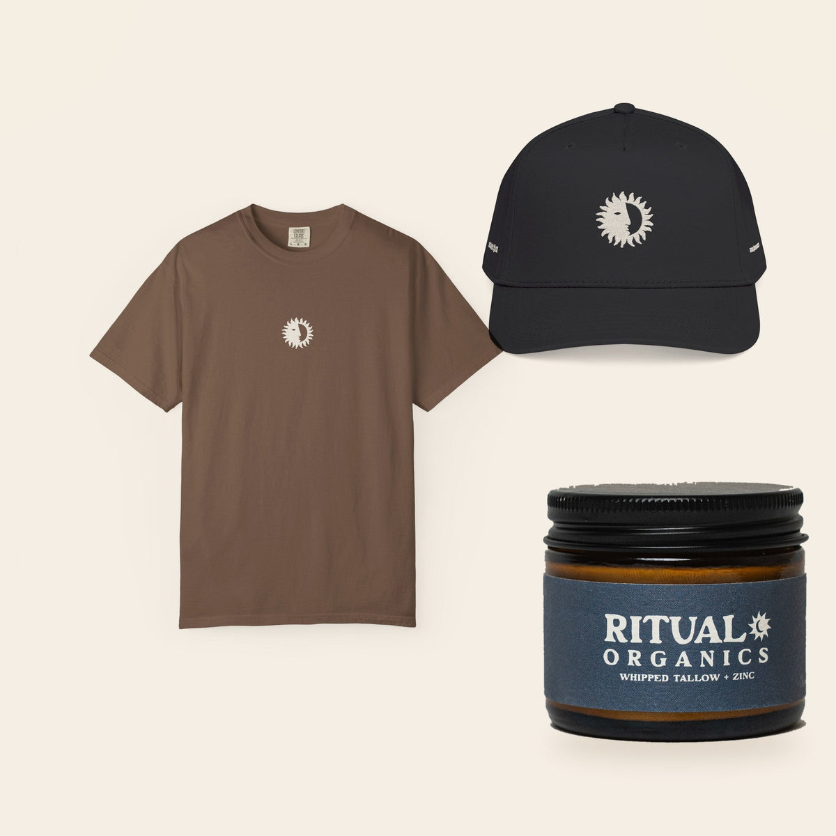 The Full Ritual: Eclipse Tee in Espresso, the All Black Shine On Cap, and Whipped Tallow Sun Balm