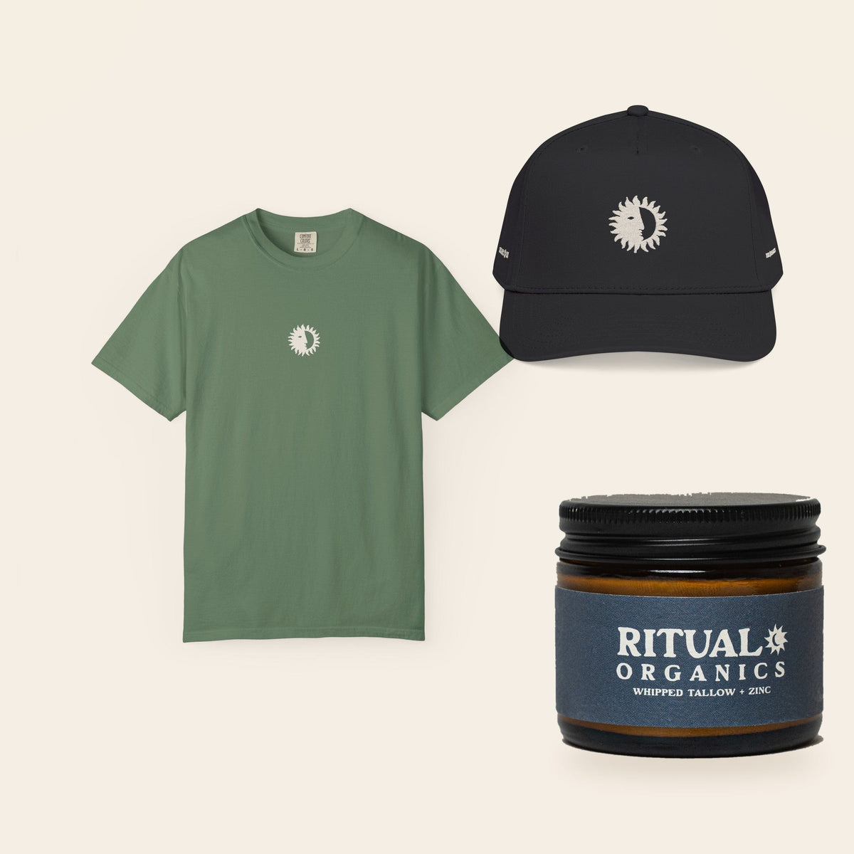 The Full Ritual: Eclipse Tee in Light Green, the All Black Shine On Cap, and Whipped Tallow Sun Balm