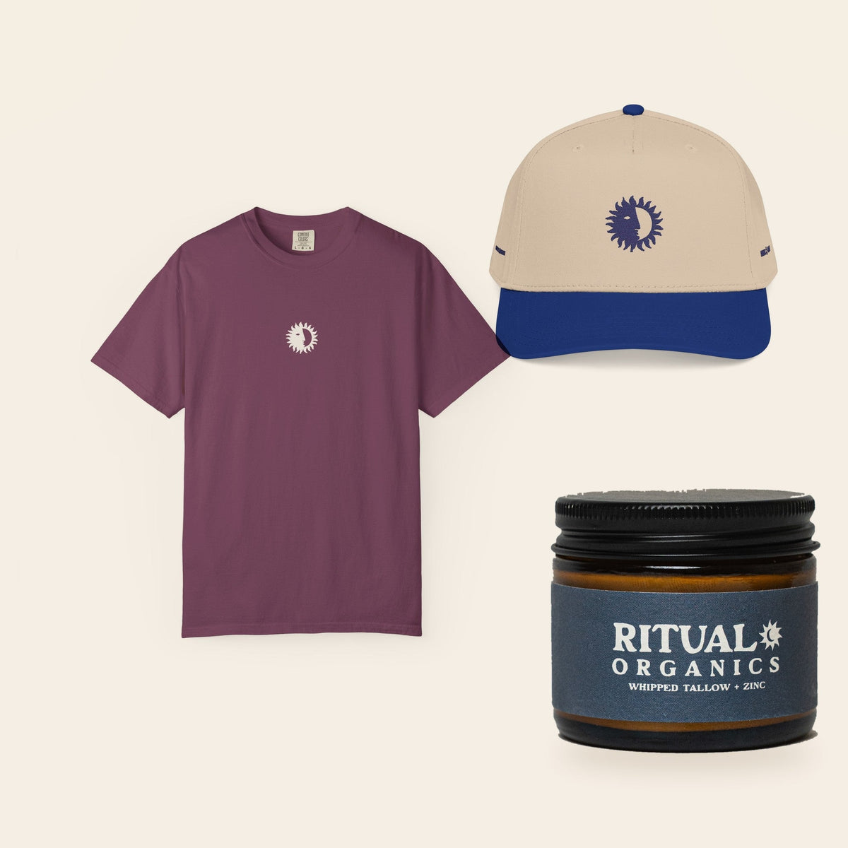 The Full Ritual: Eclipse Tee in Berry, the Royal & Cream Shine On Cap, and Whipped Tallow Sun Balm