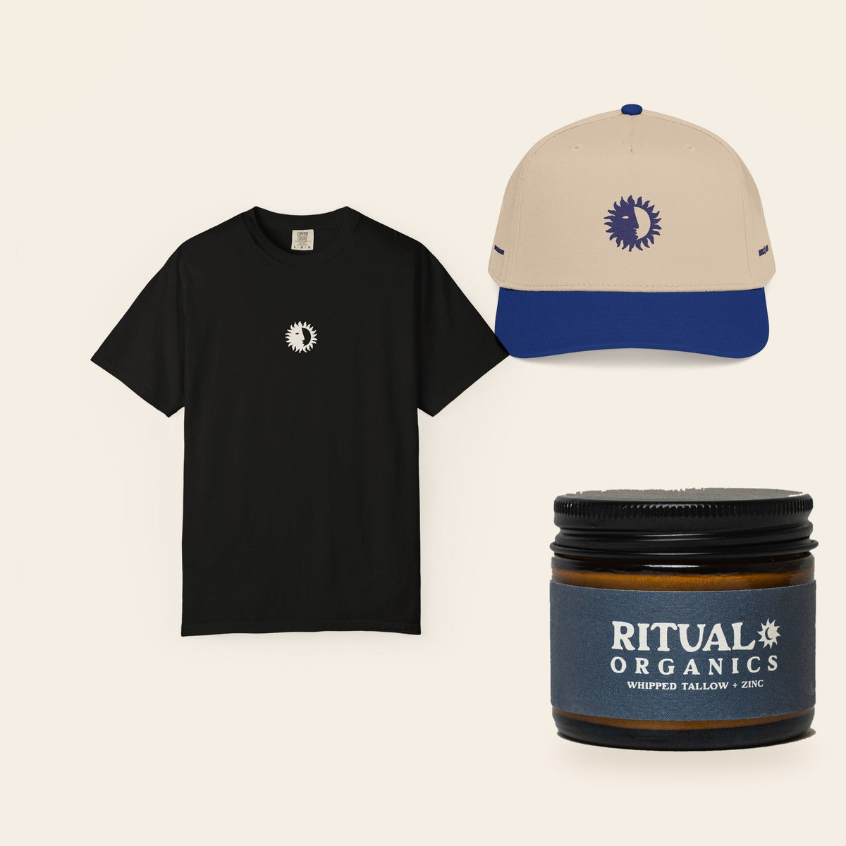 The Full Ritual: Eclipse Tee in Black, the Royal & Cream Shine On Cap, and Whipped Tallow Sun Balm
