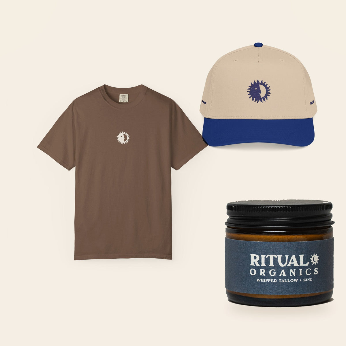 The Full Ritual: Eclipse Tee in Espresso, the Royal & Cream Shine On Cap, and Whipped Tallow Sun Balm