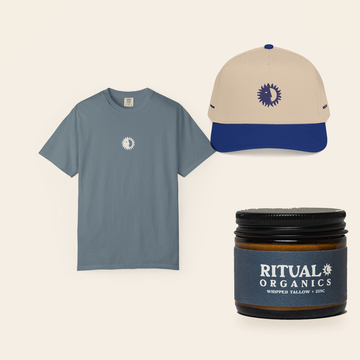 The Full Ritual: Eclipse Tee in Ice Blue, the Royal & Cream Shine On Cap, and Whipped Tallow Sun Balm