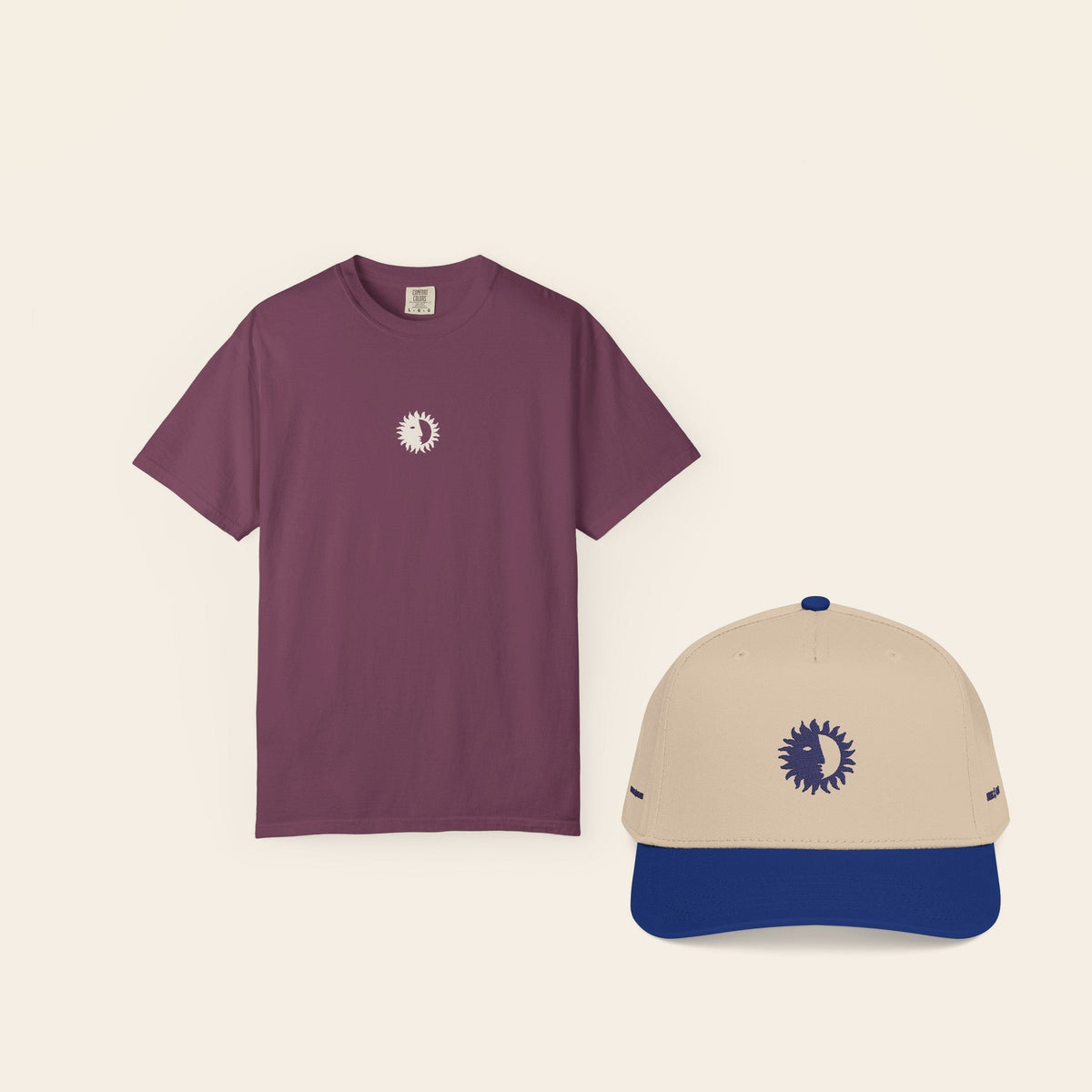 The Uniform: Eclipse Tee in Berry and the Royal & Cream Shine On Cap
