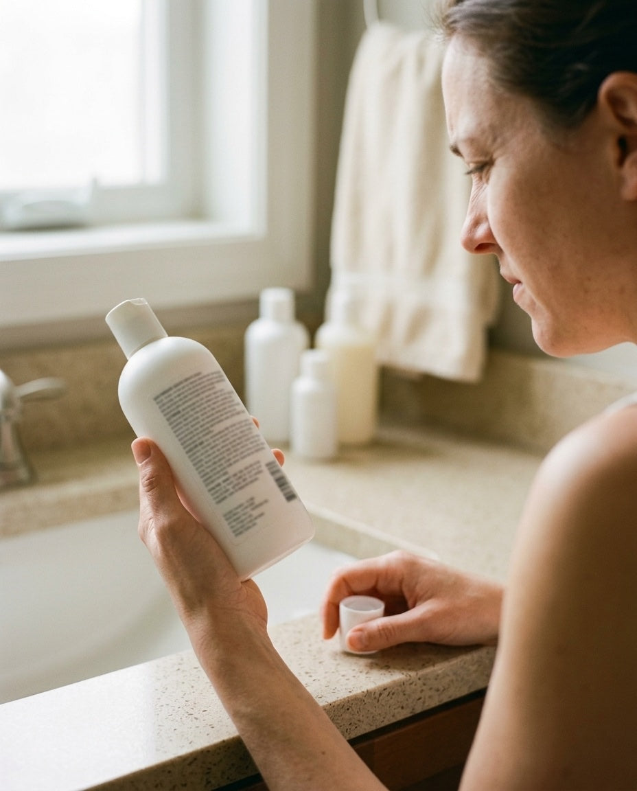 A woman turning a bottle over to read the ingredient list on the back