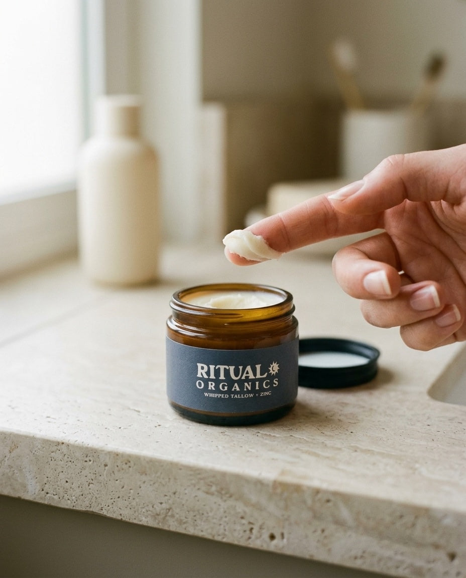 The Ritual Organics whipped tallow sun balm jar open on a bathroom counter in morning light