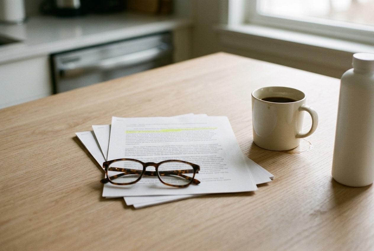Printed research pages with a highlighted line, reading glasses and a plain sunscreen bottle on a kitchen table